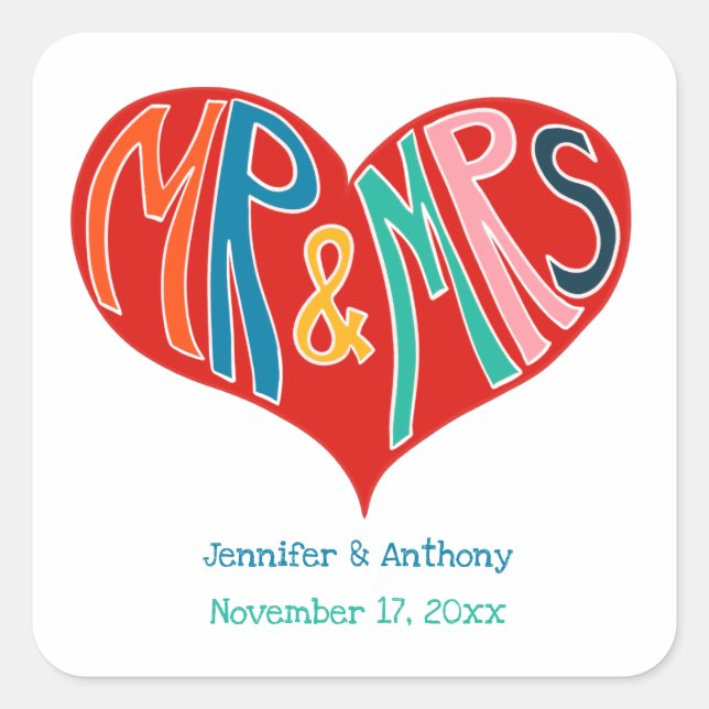 Mr and Mrs Colourful Red Heart Shape Wedding Square Sticker (Front)