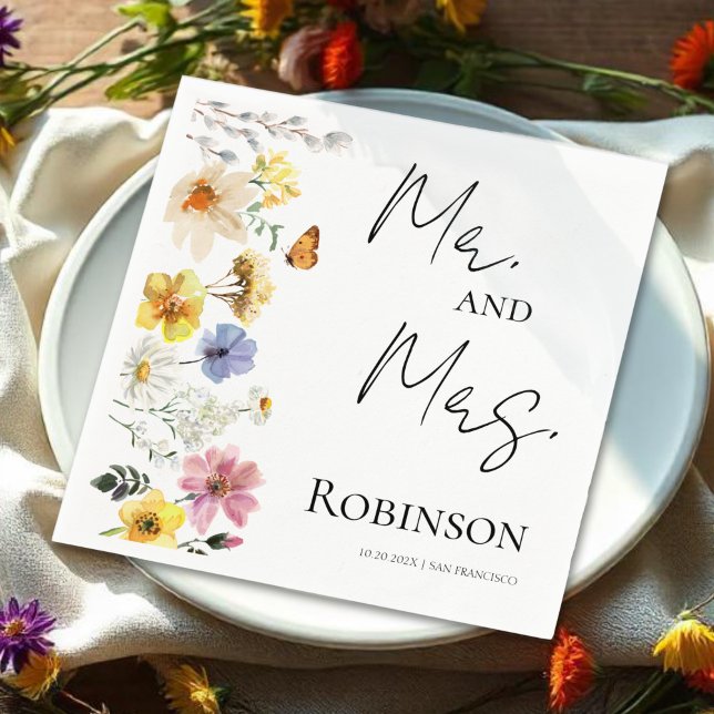 Mr. and Mrs. | Colourful Wildflower Boho Wedding Napkin (Creator Uploaded)
