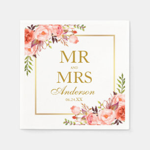 Mr. and Mrs. Coral Floral Gold Wedding Napkin