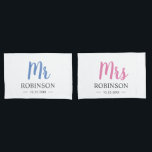 Mr and Mrs Couple Wedding Anniversary Husband Wife Pillowcase<br><div class="desc">Mr and Mrs typography pillowcases for her and for him,  personalised with their family name and wedding year. Great gift for bridal showers,  weddings,  anniversaries,  and other occasions.</div>