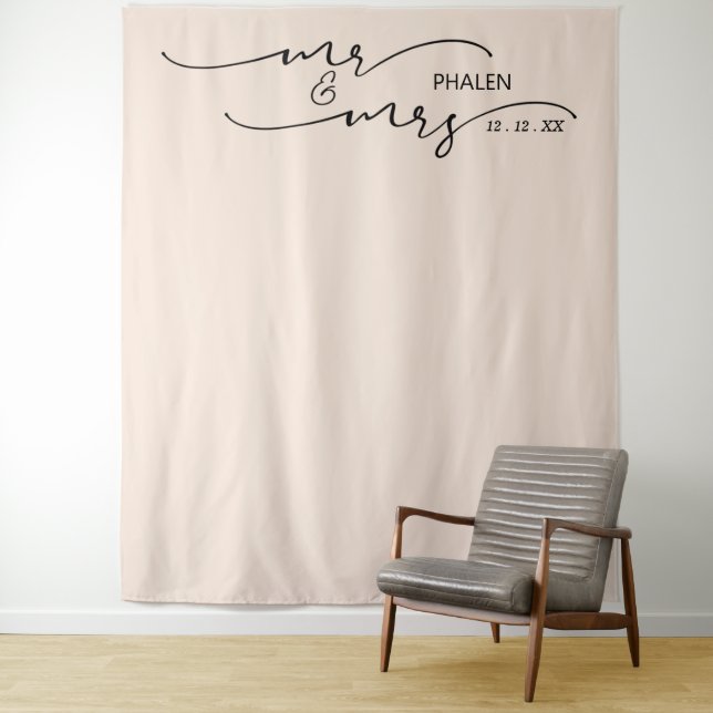 Mr. and Mrs. Cream Wedding Backdrop Tapestry (In Situ)