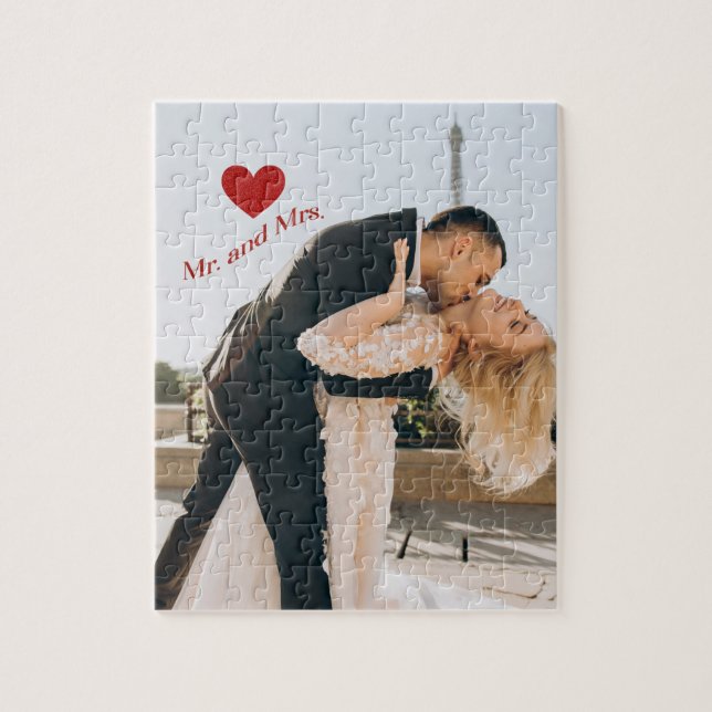 Mr. and Mrs. Custom Photo Red Sparkle Heart Jigsaw Puzzle (Vertical)