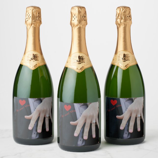 Mr. and Mrs. Custom Photo Red Sparkle Heart Sparkling Wine Label (Bottles)