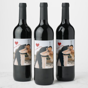 Mr. and Mrs. Custom Photo Red Sparkle Heart Wine Label
