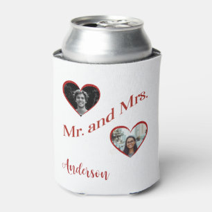 Mr. and Mrs. Custom Surname Photo Double Hearts Can Cooler