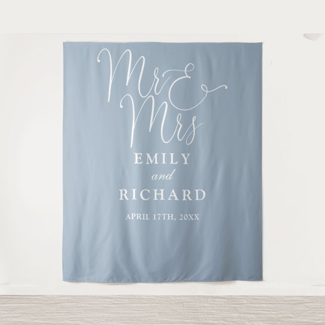 Mr And Mrs Dusty Blue Wedding Photo Backdrop Tapestry (Front)