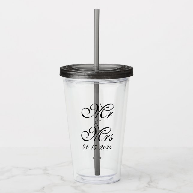 Mr and Mrs Elegant Black Script Customised Wedding Acrylic Tumbler (Front)
