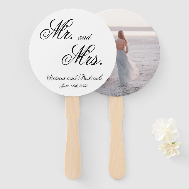 Mr. and Mrs. Elegant Calligraphy Photo Wedding Hand Fan (Front and Back)