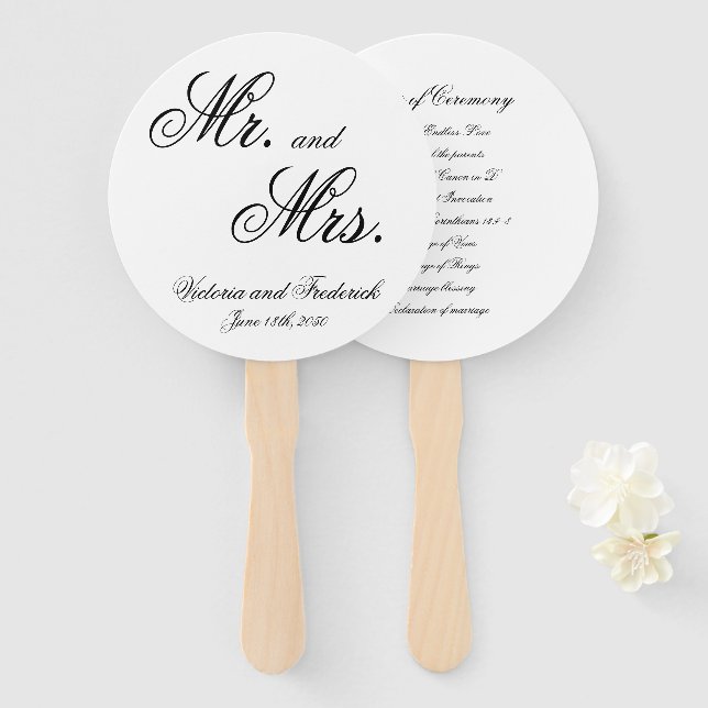 Mr. and Mrs. Elegant Calligraphy Wedding Program Hand Fan (Front and Back)