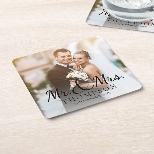 MR And MRS Elegant Cute Photo Wedding Party Square Paper Coaster (Angled)