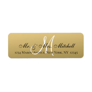 Mr and Mrs Elegant Gold Black Monogram Wedding Return Address Label