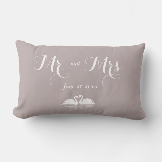 Mr. and Mrs. Elegant Grey Wedding Pillows Swans (Front)