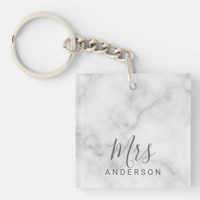 Mr and Mrs | Elegant Marble Modern Script Wedding Key Ring (Front)