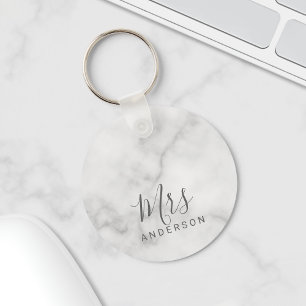 Mr and Mrs   Elegant Marble Modern Script Wedding Key Ring