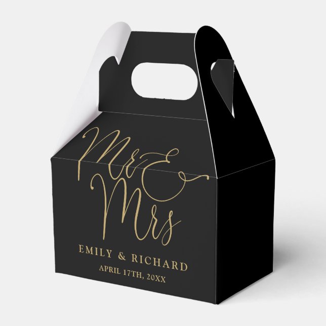 Mr And Mrs Elegant Script Black And Gold Wedding Favour Box (Front Side)