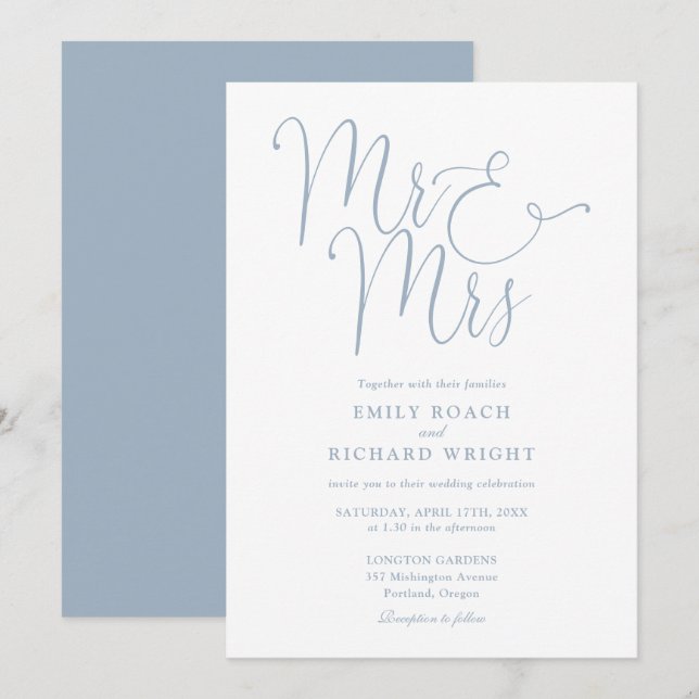 Mr And Mrs Elegant Script Dusty Blue Wedding Invitation (Front/Back)