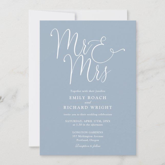 Mr And Mrs Elegant Script Dusty Blue Wedding Invitation (Front)
