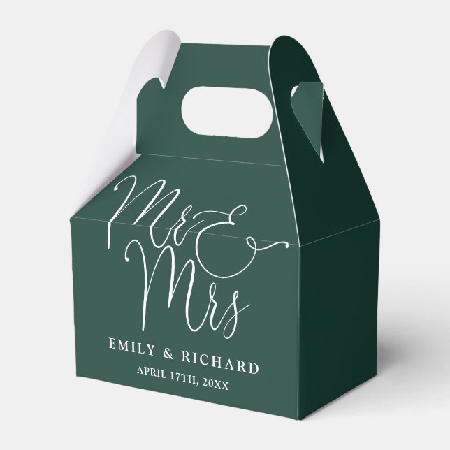 Mr And Mrs Elegant Script Emerald Green Wedding Favour Box (Front Side)