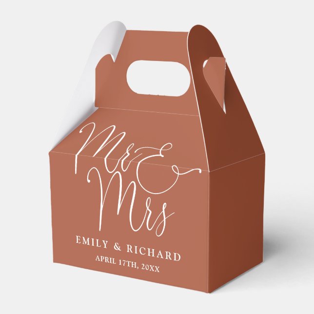 Mr And Mrs Elegant Script Terracotta Wedding Favour Box (Front Side)