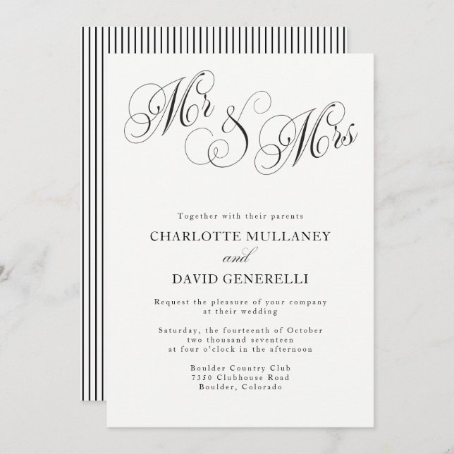 Mr. and Mrs. Elegant Script Wedding Invitation (Front/Back)