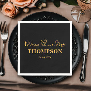 Mr and Mrs Elegant Simple Black Gold Napkin