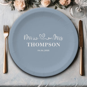 Mr and Mrs Elegant Simple Dusty Blue Paper Plate