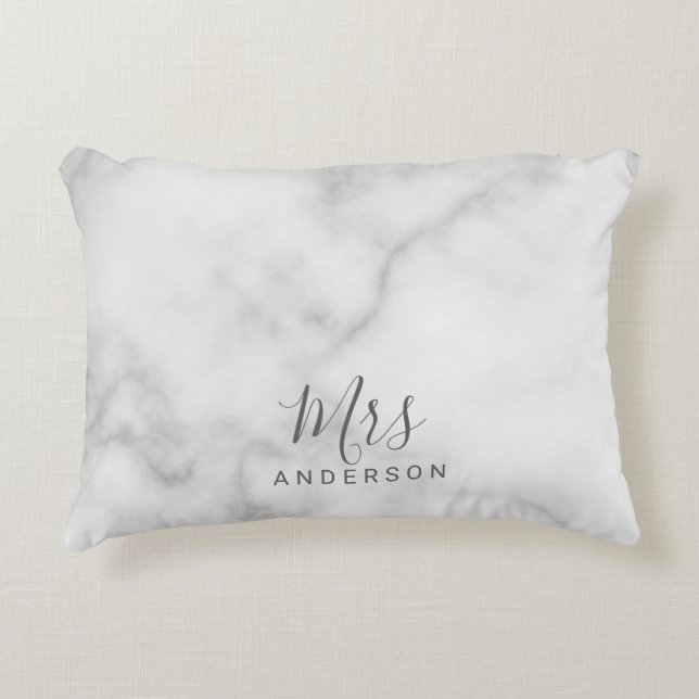 Mr and Mrs | Elegant White Marble Modern Script Decorative Cushion (Front)