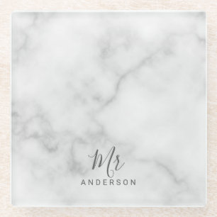 Mr and Mrs   Elegant White Marble Modern Script Glass Coaster