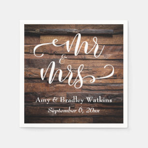 "Mr and Mrs" Elegant White Script on Dark Wood Napkin