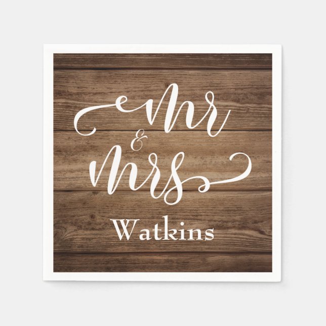 "Mr and Mrs" Elegant White Script on Rustic Wood Napkin (Front)