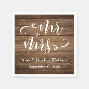 "Mr and Mrs" Elegant White Script on Rustic Wood Napkin