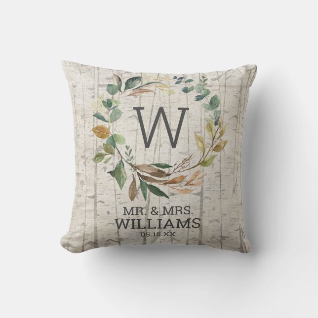 Mr. and Mrs. Eucalyptus Greenery Monogram Wedding Cushion (Front)