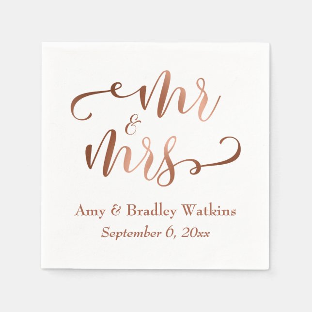 "Mr and Mrs" Faux Copper Typography Wedding Napkin (Front)
