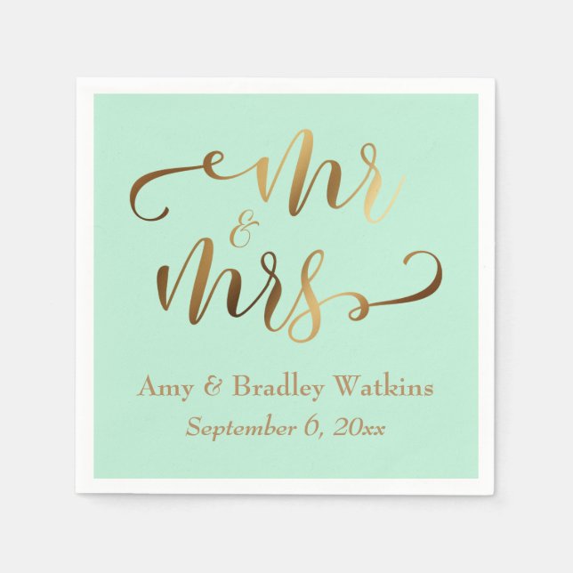"Mr and Mrs" Faux Gold Foil Script on Mint Napkin (Front)