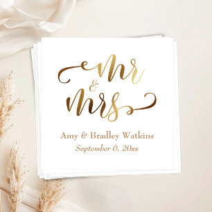 "Mr and Mrs" Faux Gold Foil Script on White Napkin