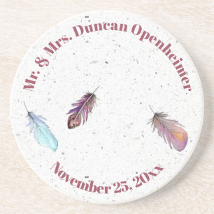 Mr. and Mrs. Feather Design with Name Date   Coaster