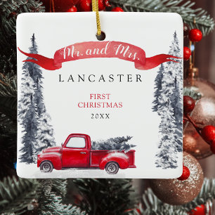Mr. and Mrs. First Christmas Holiday Red Truck Ceramic Ornament