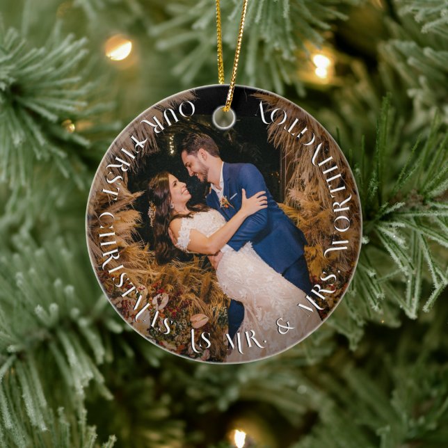 Mr And Mrs First Christmas Holiday Wedding Photo Ceramic Ornament (Tree)