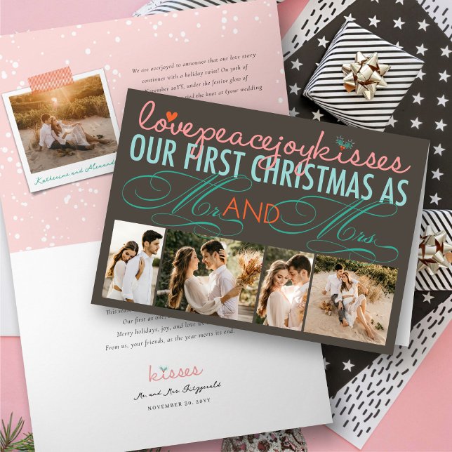 Mr And Mrs First Christmas Photo Collage Wedding Holiday Card (Mr And Mrs First Christmas 4 Photo Collage Wedding Holiday Card @ fat_fa_tin)