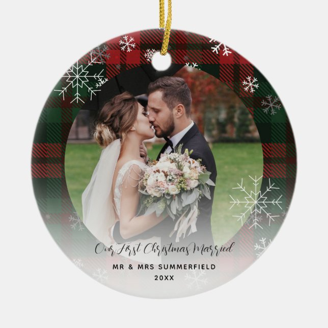 Mr and Mrs First Christmas Plaid Rustic Holiday Ceramic Ornament (Front)