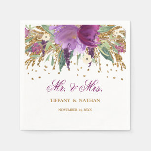 Mr and Mrs Floral Glitter Amethyst Wedding Napkin