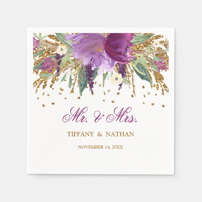 Mr and Mrs Floral Glitter Amethyst Wedding Napkin (Front)