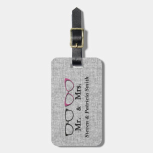 Mr. and Mrs. Geek Glasses Monogram Luggage Tag