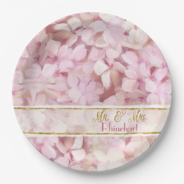 Mr. and Mrs. Glitter Softly Summer Pink Hydrangea Paper Plate (Front)