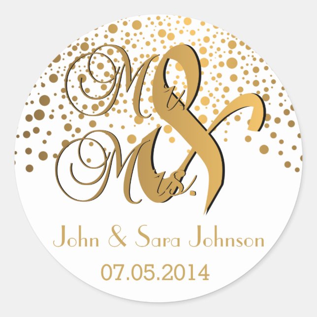 Mr and Mrs | Gold Dots | Wedding| Personalise Classic Round Sticker (Front)