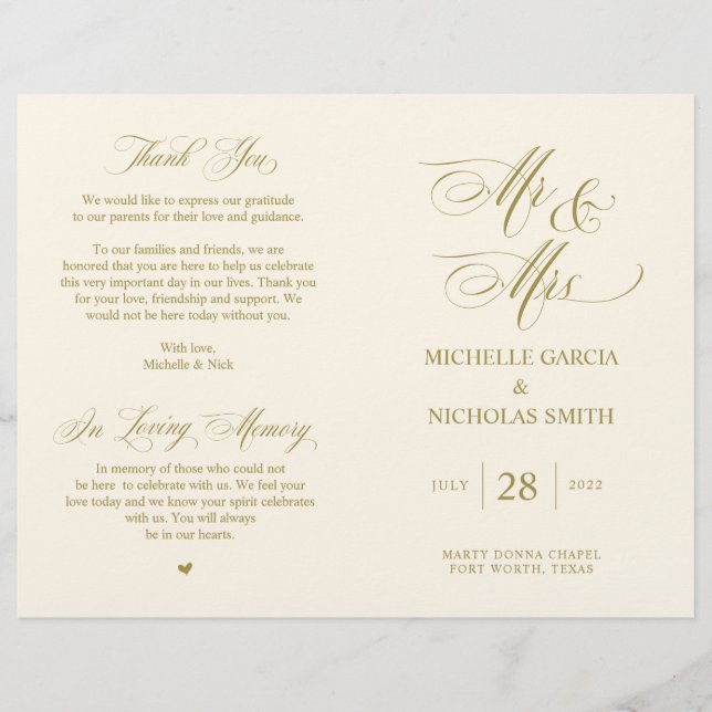 Mr and Mrs, Gold font, Foldable Wedding Program (Front)