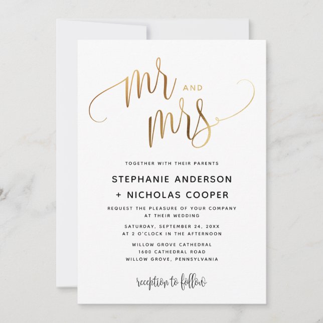 Mr and Mrs Gold Lovely Script Typography Wedding Invitation (Front)