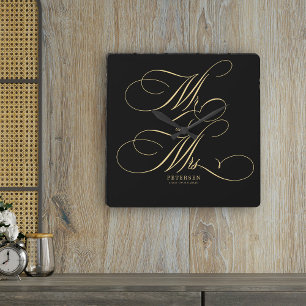 Mr and Mrs gold script name personalised black Square Wall Clock