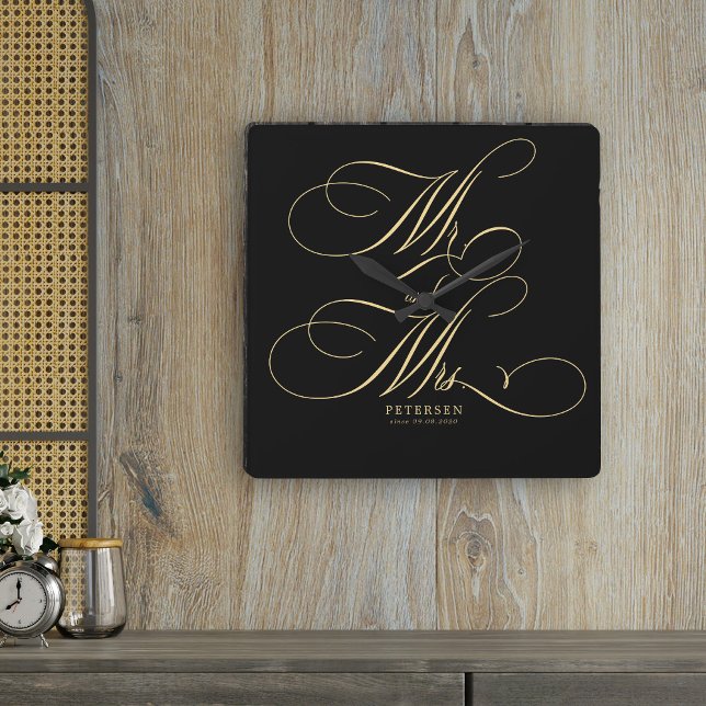 Mr and Mrs gold script name personalised black Square Wall Clock (Creator Uploaded)