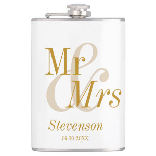Mr and Mrs Gold Script Wedding Gift Hip Flask